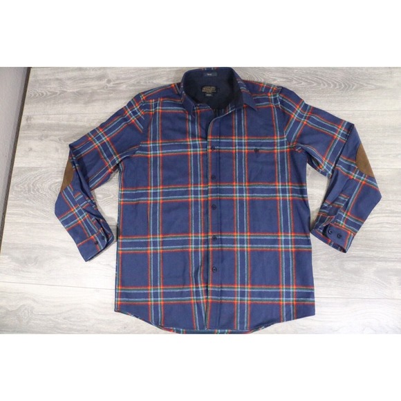 Pendleton Trail Shirt Mens Medium Plaid Virgin Wool Elbow Patch Flannel LARGE - Picture 1 of 6
